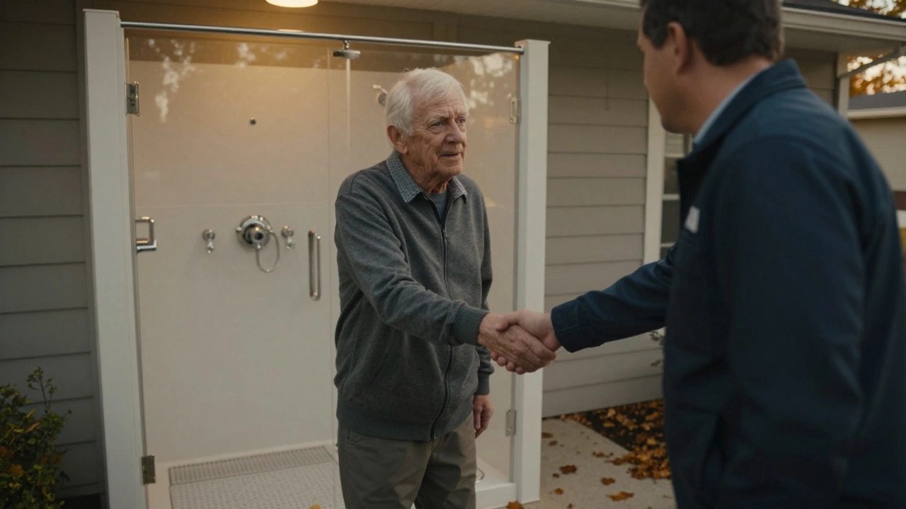 A veteran receiving approval for a VA home grant, with a newly installed walk-in shower visible behind them.