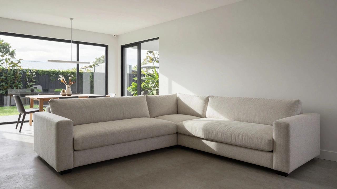 An open-plan room where a slim corner sofa separates living and dining areas without blocking windows or walkways.