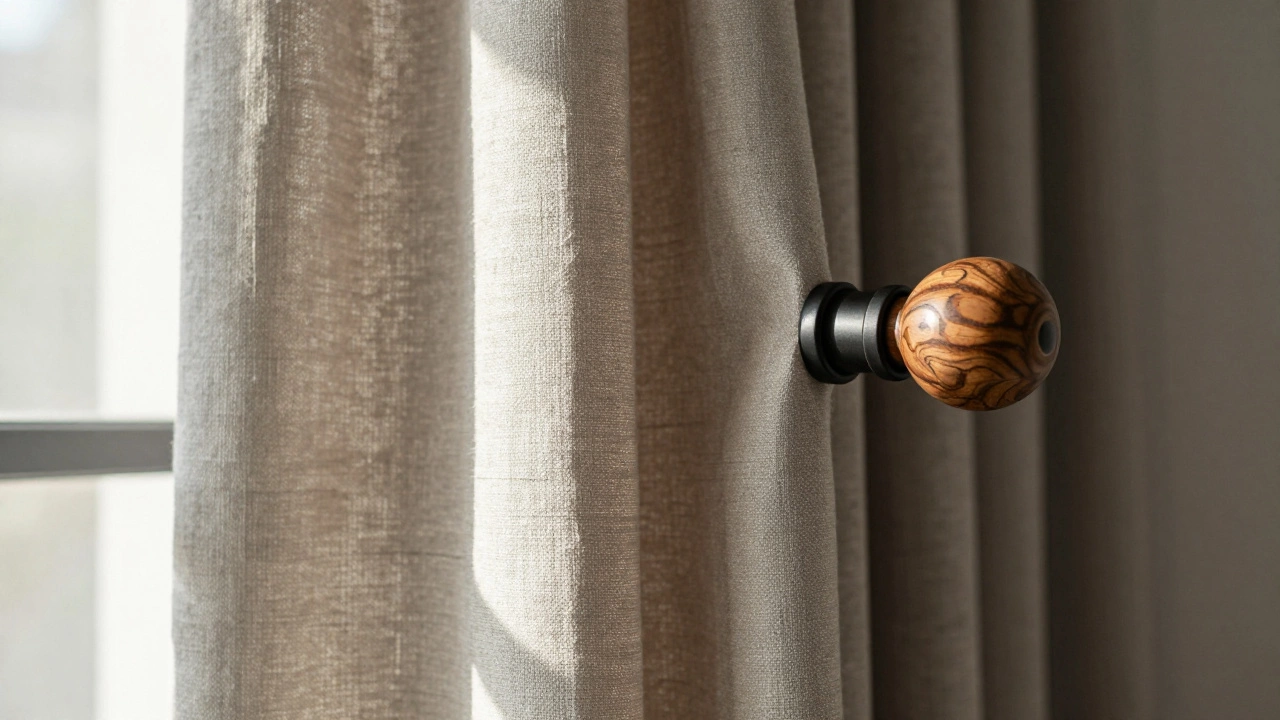 Close-up of a heavy matte black curtain rod with wooden finial, holding textured linen fabric as sunlight highlights its natural weave.