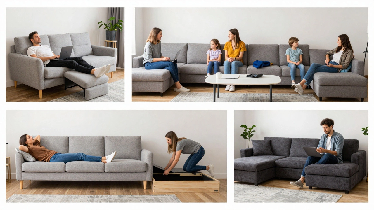 Four real-life UK home scenarios showing different sofa uses: napping, entertaining, storage, and compact living.