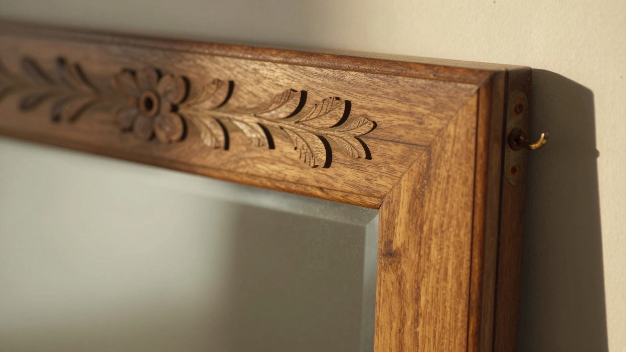 Hand-carved walnut mirror frame with rustic metal J-hooks for hanging.