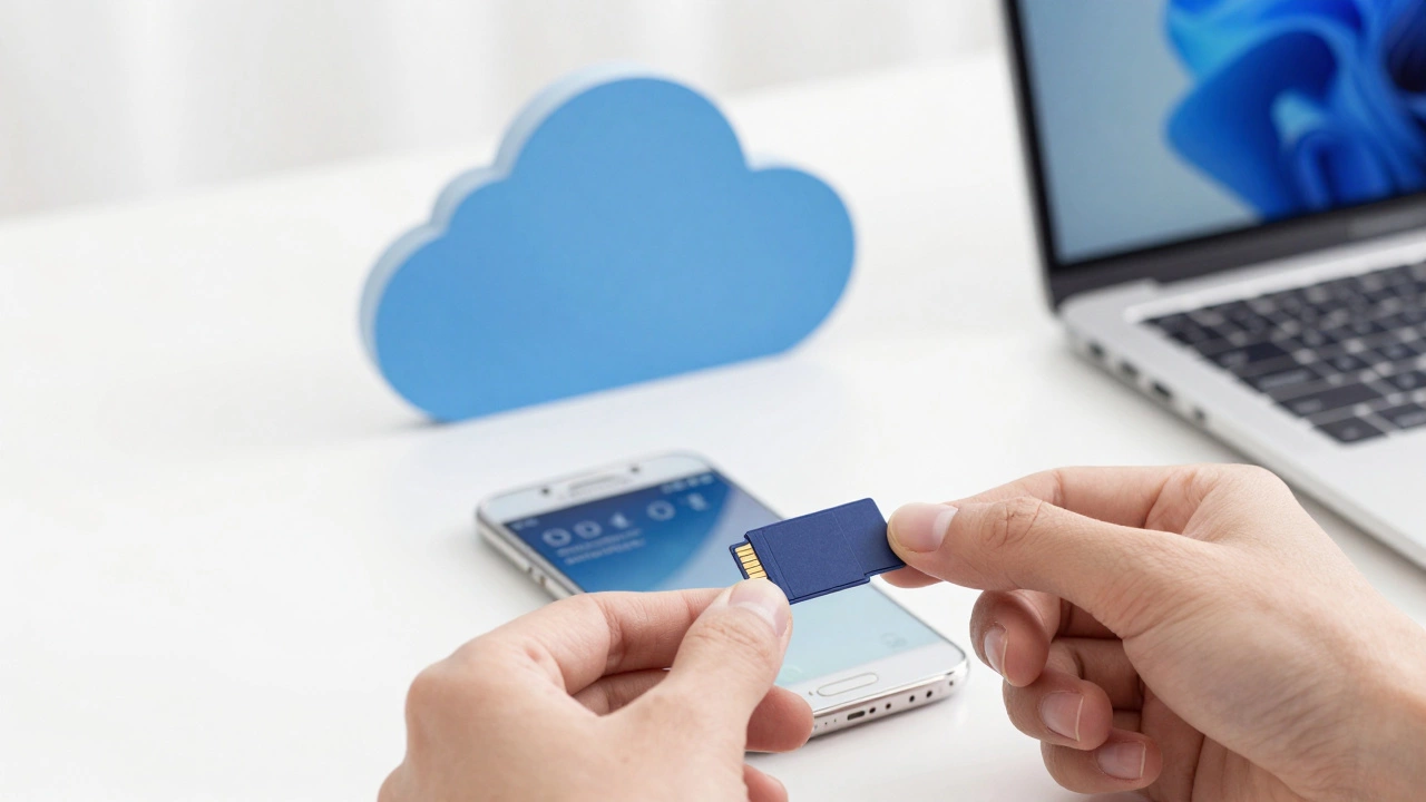 Hand inserting microSD card into smartphone with cloud backup icon.