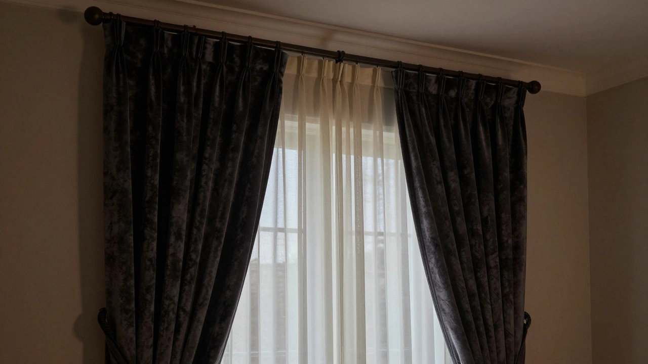 Layered bedroom curtains: ivory sheer beneath deep charcoal velvet, tied back simply with a velvet rope, lit by ambient evening light.