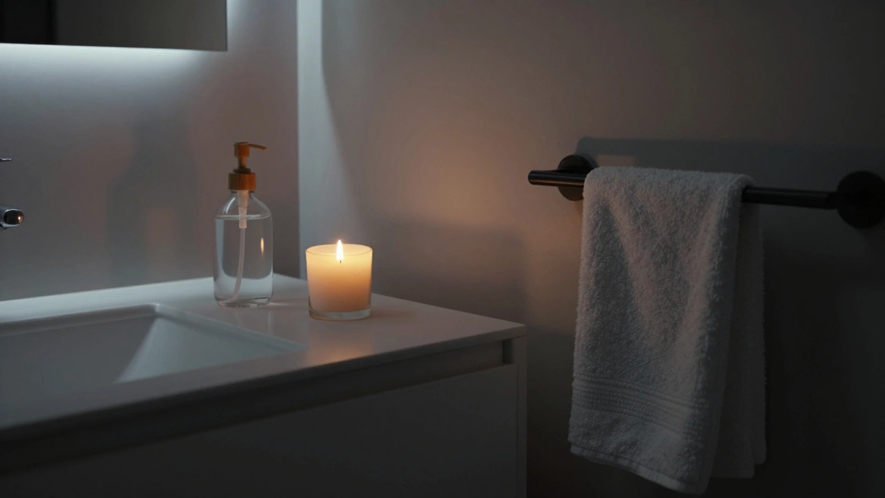 Nighttime bathroom with LED under-vanity glow and flickering beeswax candle, no overhead light.