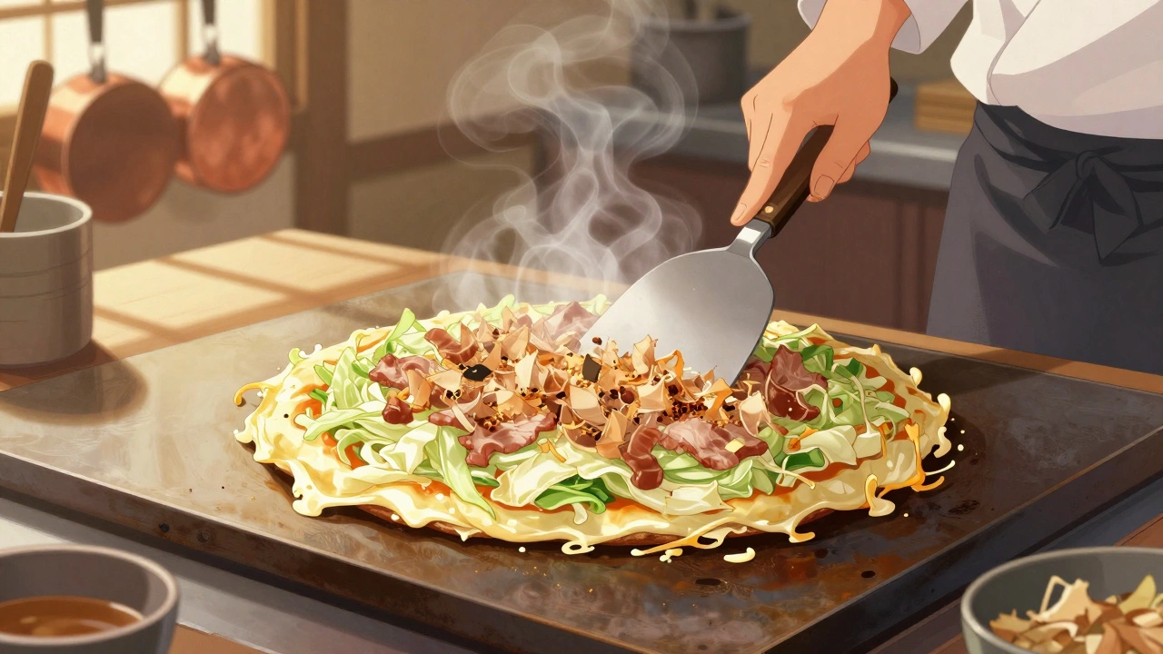 Okonomiyaki pancake sizzling on a flat griddle, being flipped, topped with cabbage and bonito flakes.