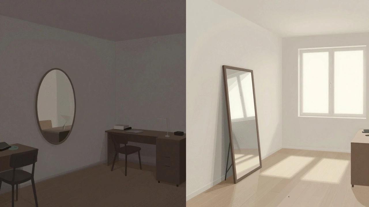 Side-by-side comparison: a cramped room with a round mirror versus the same space transformed by a tall rectangular mirror.