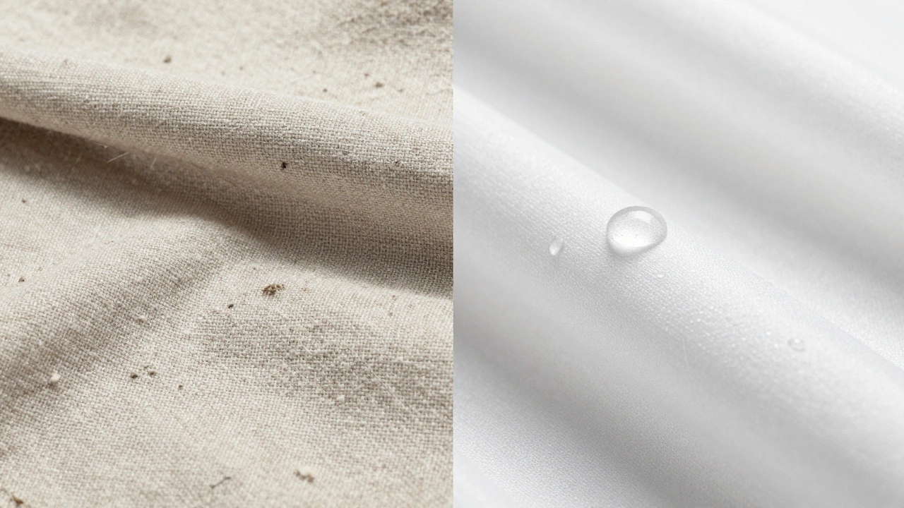 Side-by-side fabric comparison: pilled linen versus stain-resistant solution-dyed acrylic with water beading on the surface.
