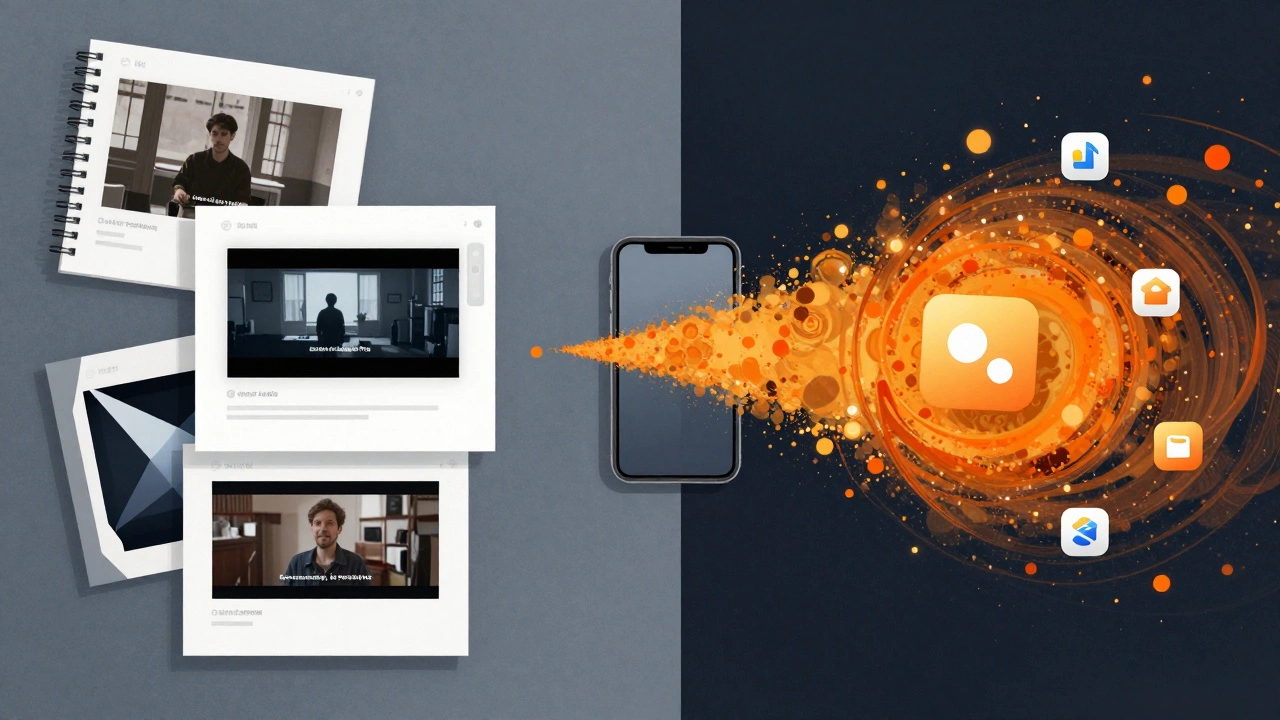 Split-screen showing photo albums and cache data on smartphone storage.