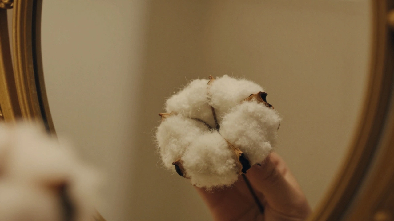 Vintage mirror reflecting a cotton ball with warm, soft, yellowish tint.