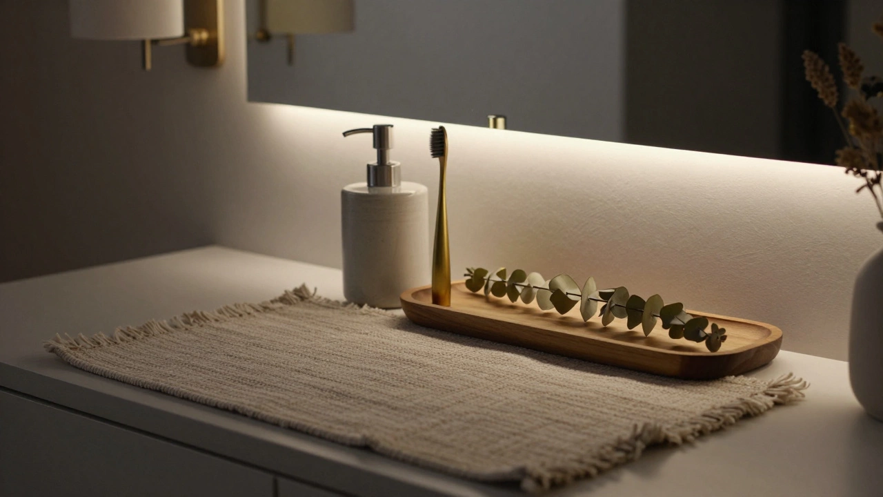 Woven rug beside vanity with ceramic soap dispenser, brass holder, and eucalyptus on wooden tray.