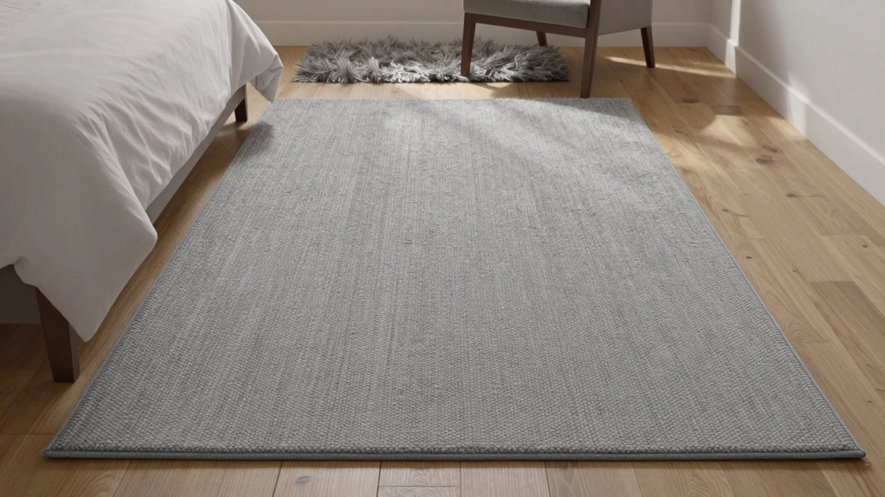 A bedroom with a spacious wool rug extending beyond the bed, soft lighting, a shag rug in the corner as contrast.