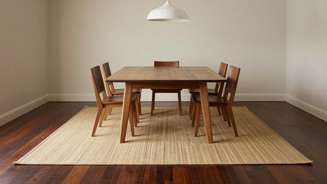 A dining room with a rug extending 24 inches beyond the table, chairs fully on the rug when pulled out.