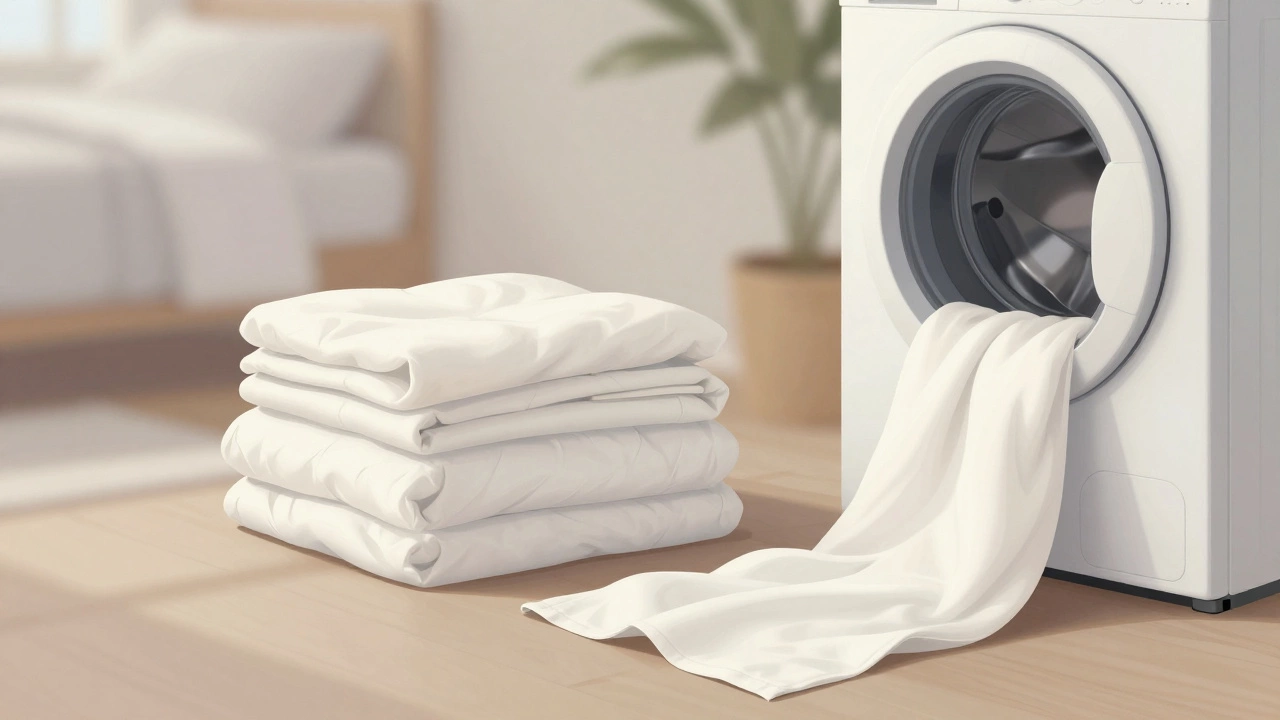 A laundry pile of just two items—a fitted sheet and duvet cover—symbolizing simpler European bedding habits.