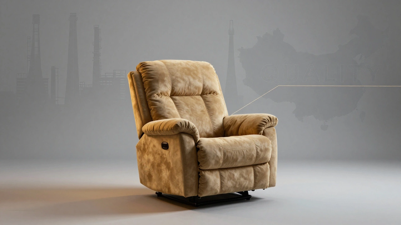 A recliner half-lit in gold and gray, symbolizing U.S. manufacturing and global parts with quality control.