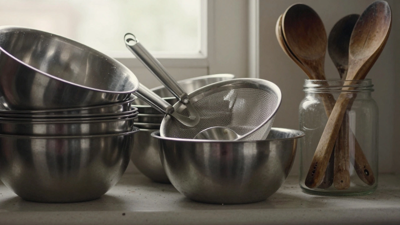 A shelf of professional kitchen tools: wooden spoons, tongs, strainer, and stainless steel bowls.