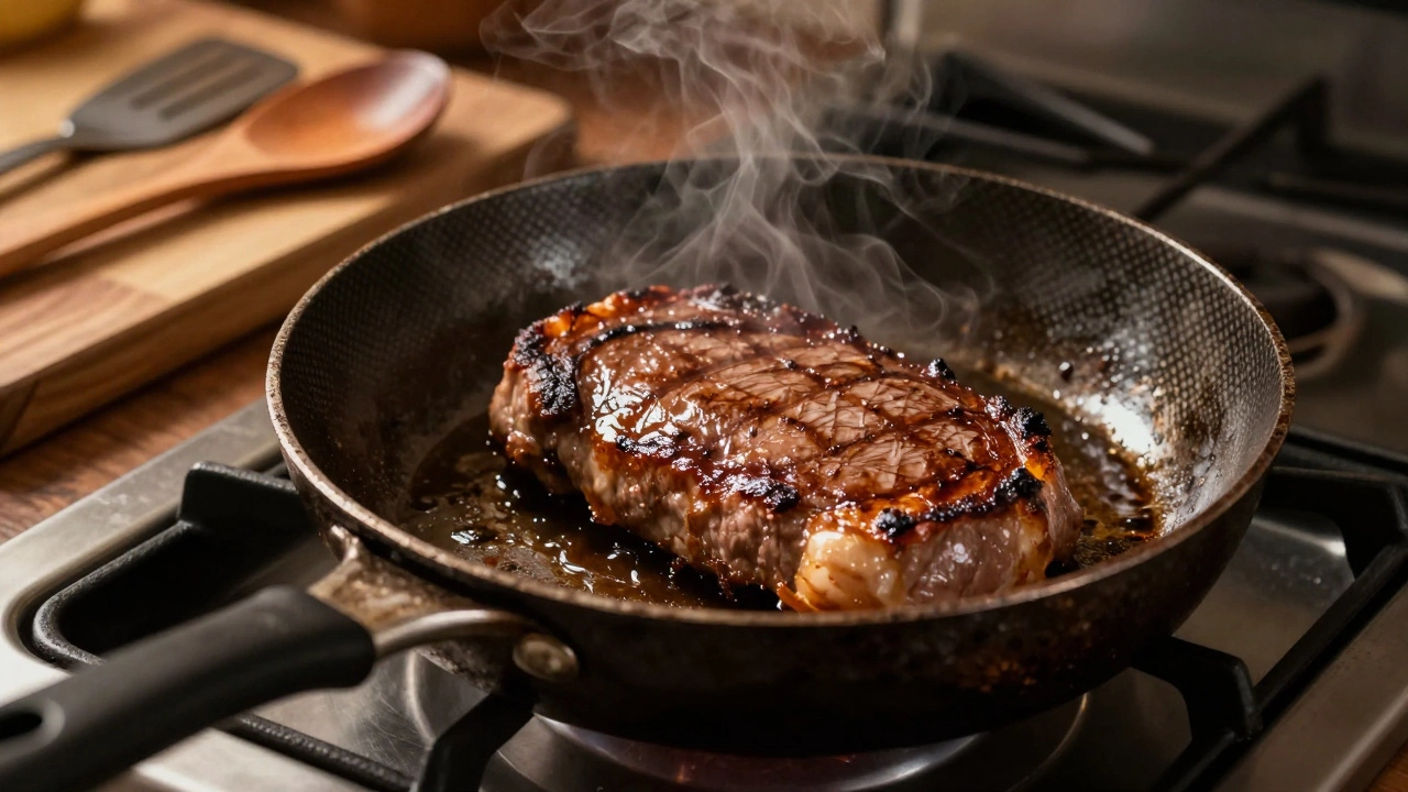 A sizzling seared steak in a seasoned carbon steel pan with wooden spoon and spatula nearby.