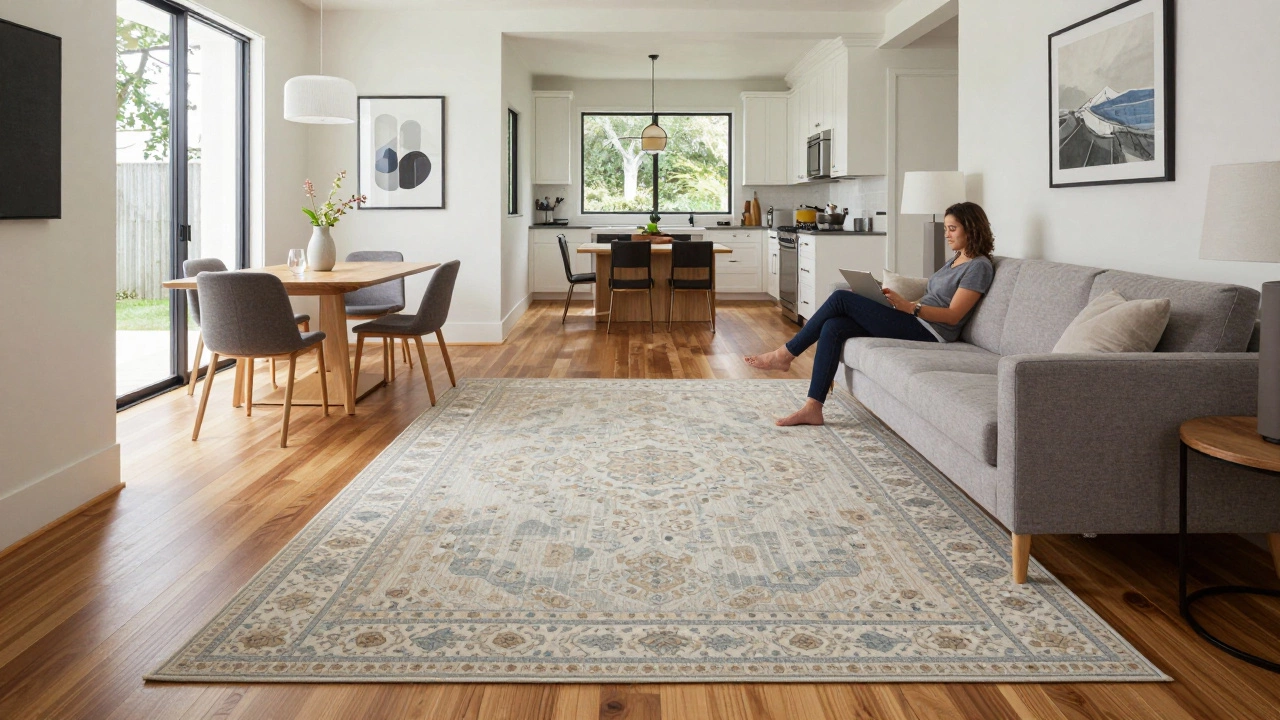 An open-concept space with a single large rug defining the seating area, surrounded by exposed hardwood floor.
