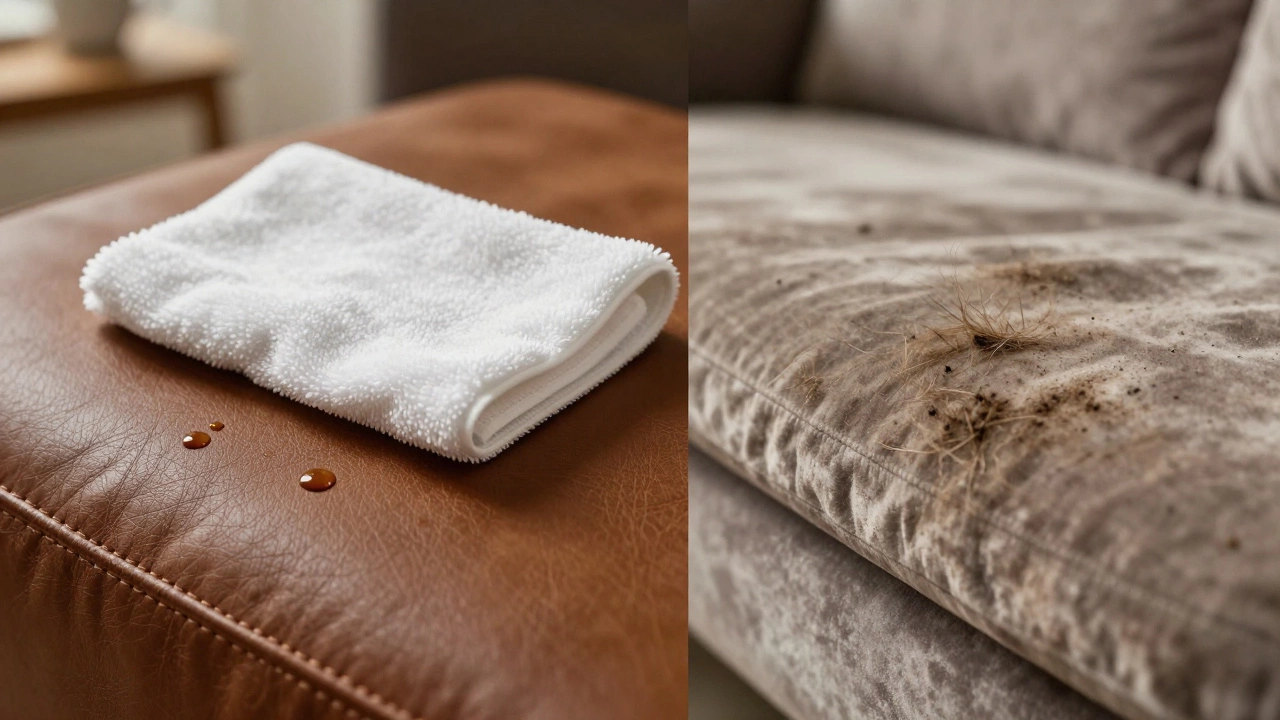 Close-up comparison: beading coffee on real leather versus stained velvet couch with pet hair.