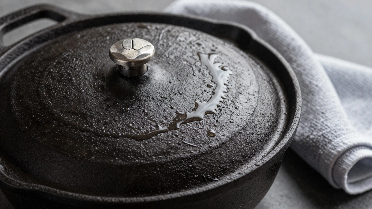 Close up of seasoned cast iron surface with oil brush nearby.