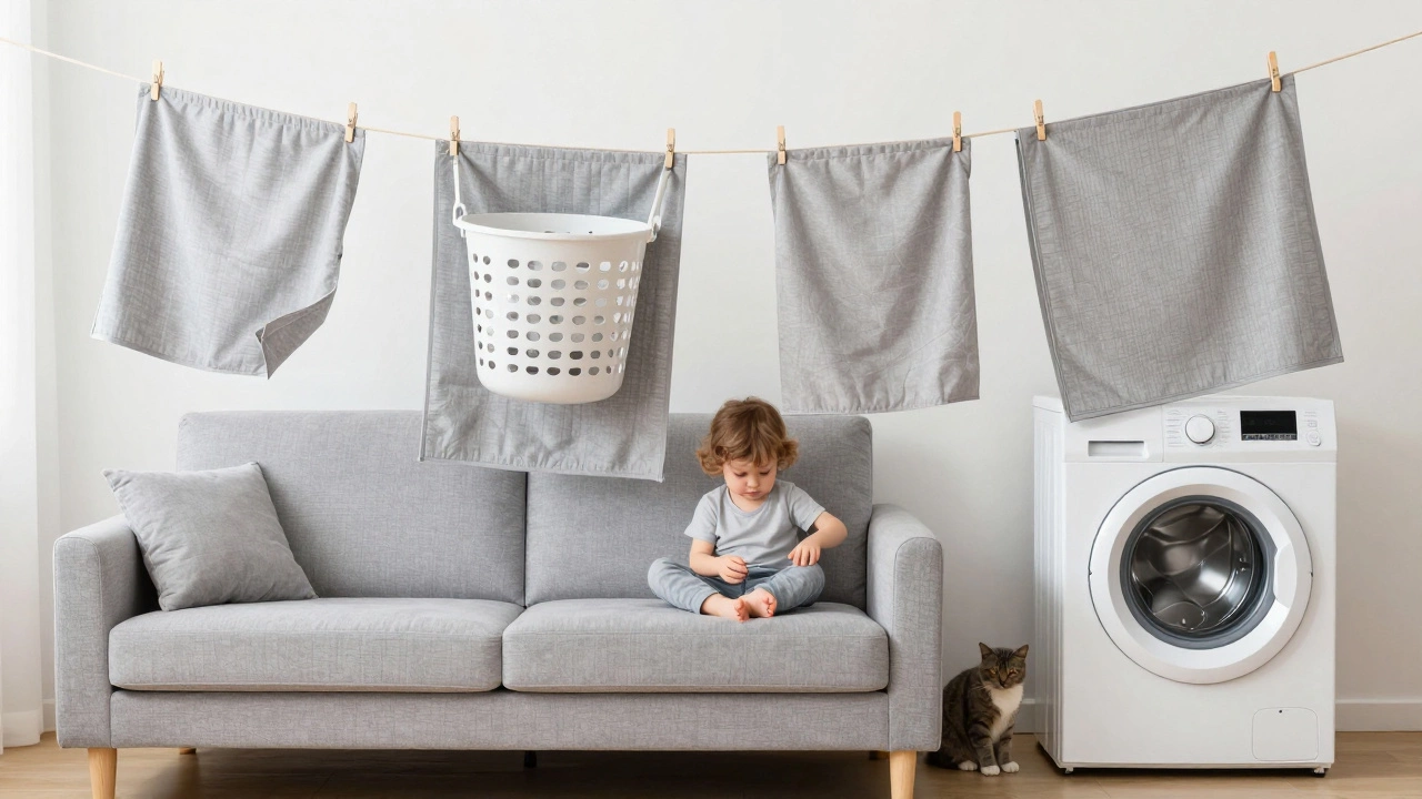Family rotating washable couch slipcovers on a clothesline, one on the sofa, one in the washer.