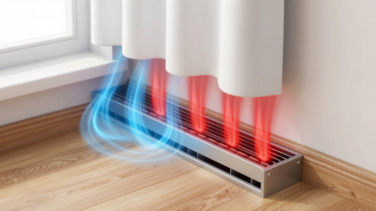 Illustration showing curtain hem gap allowing warm air to rise from heater.