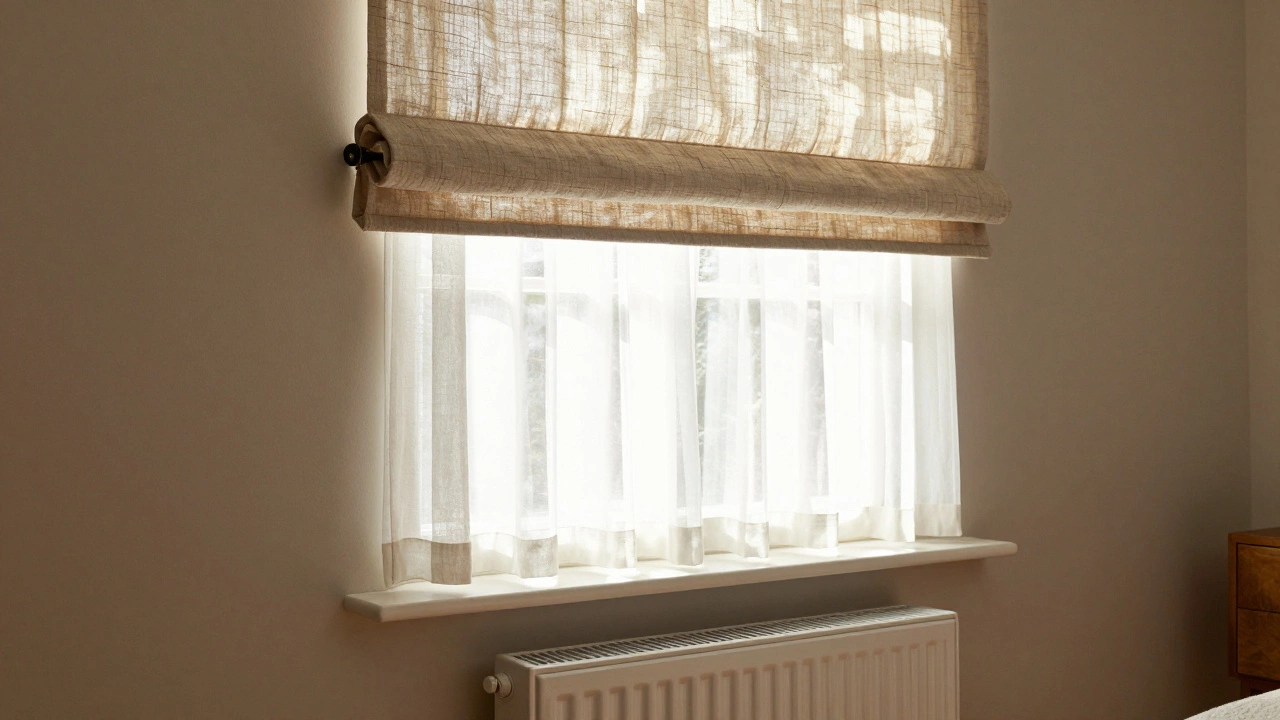 Living room window with short curtains exposing the baseboard heating unit.