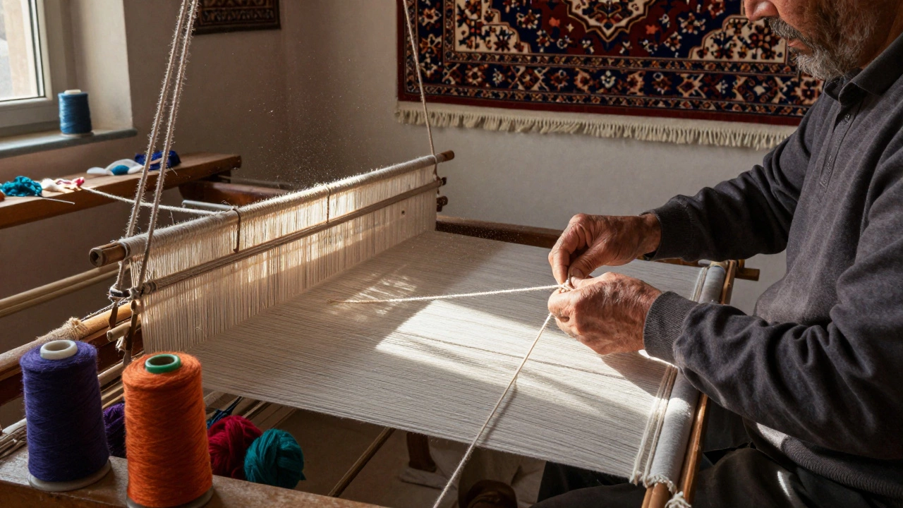 Master weaver in a sunlit workshop tying a knot on a traditional Persian loom, surrounded by dyed threads.