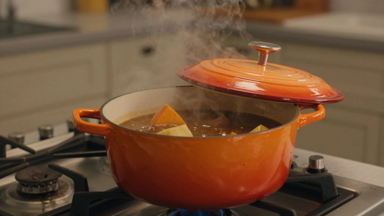 Orange enameled pot simmering stew on gas stove with steam.