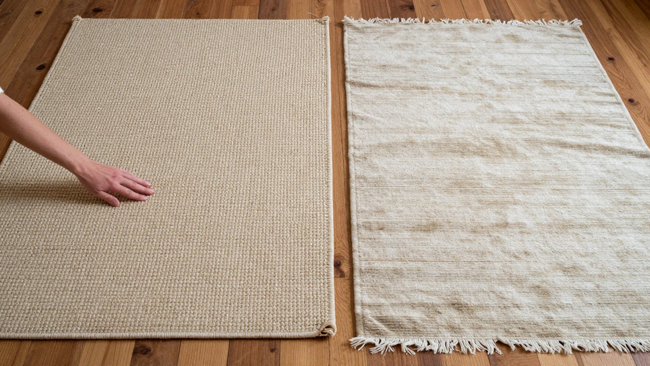 Side-by-side comparison of a durable wool rug and a worn synthetic rug, highlighting longevity and texture differences.