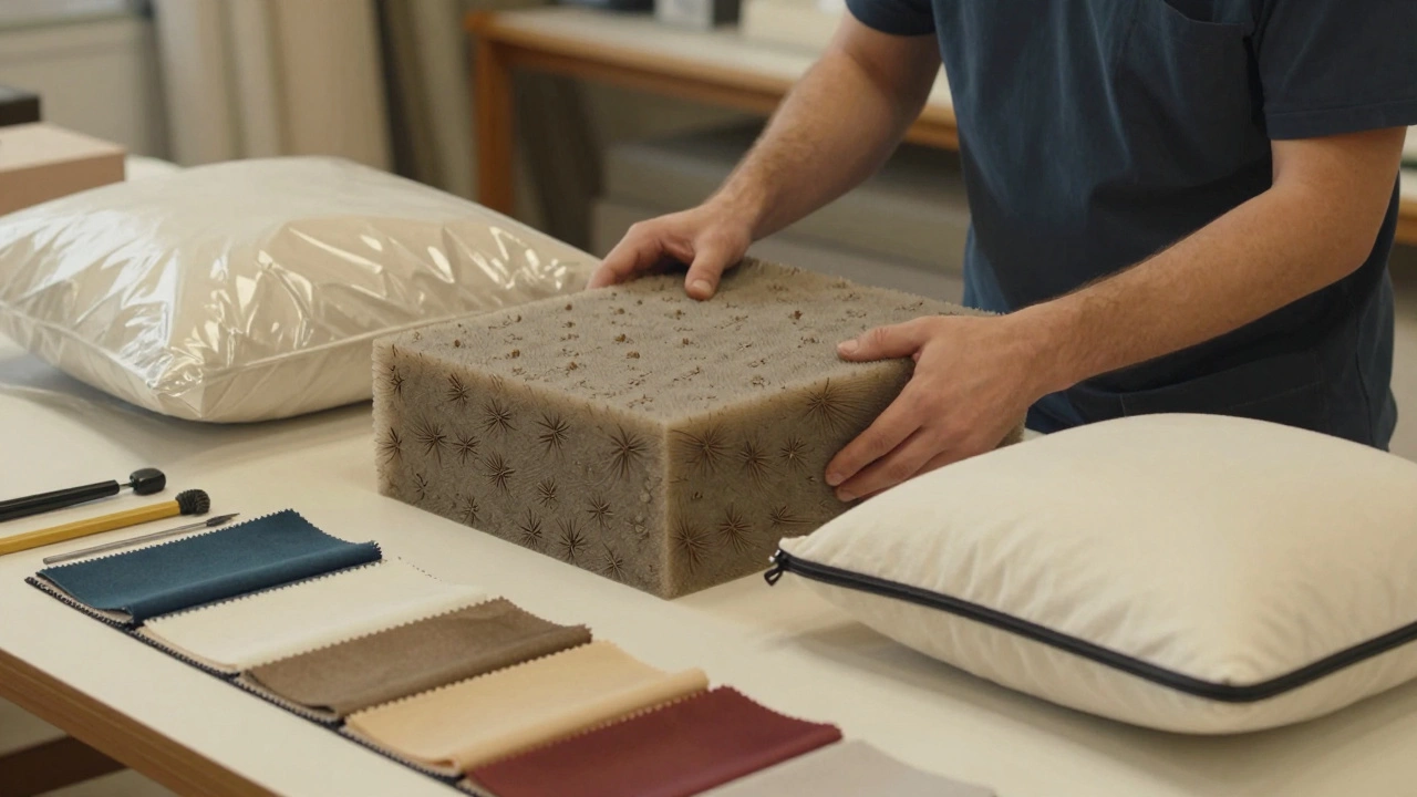 Someone comparing foam samples and fabric swatches at an upholstery shop, with new cushion options visible.
