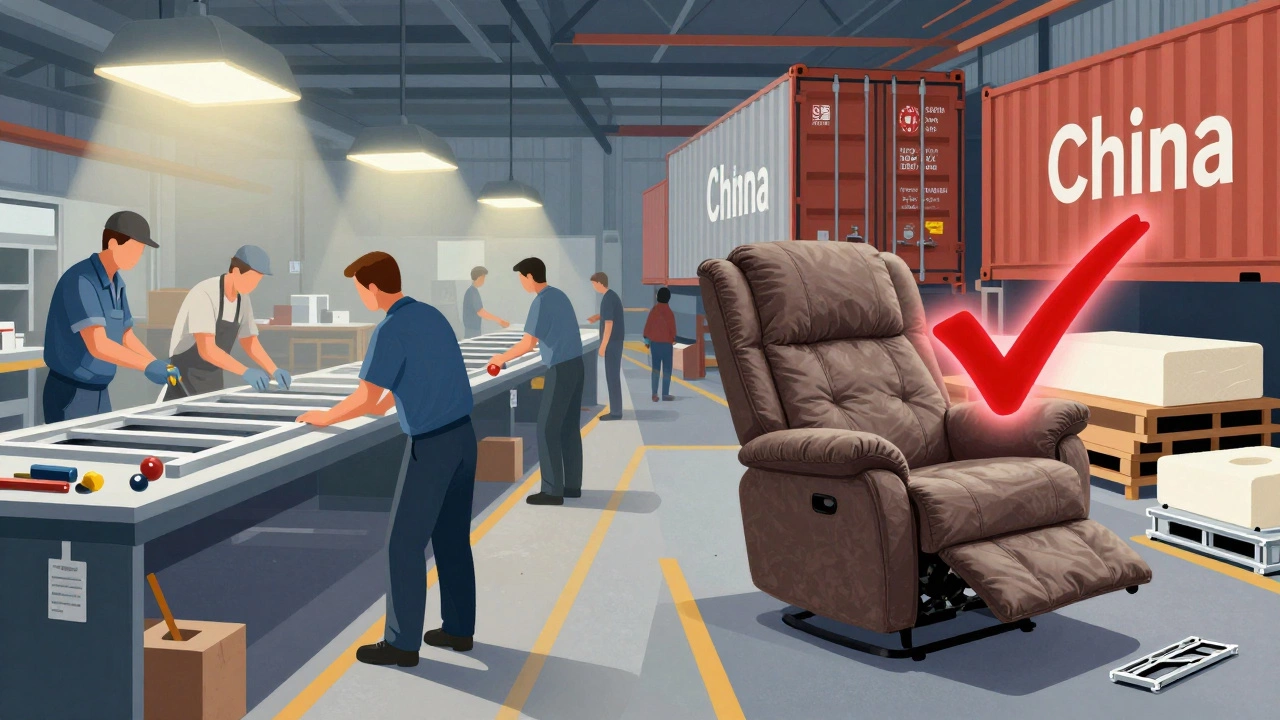 Split illustration showing U.S. assembly workers and imported parts from China and Vietnam.