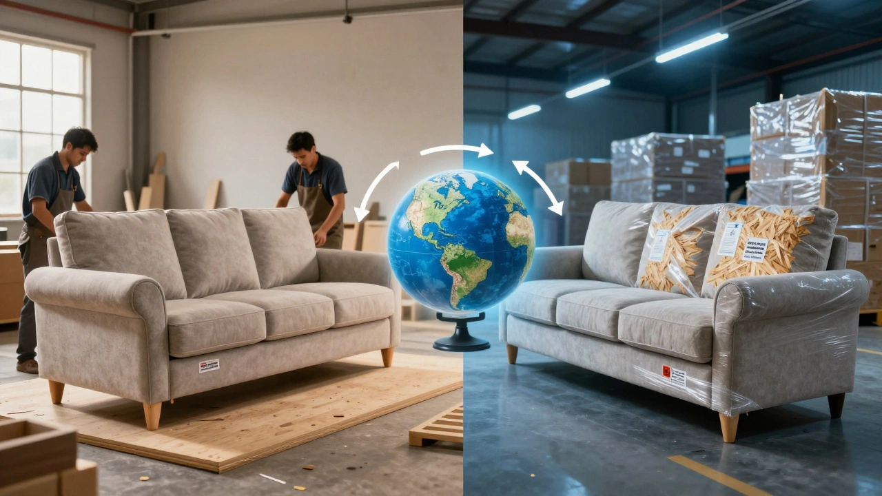 Split image: American-made sofa assembly vs. overseas manufacturing with global supply chain arrows.