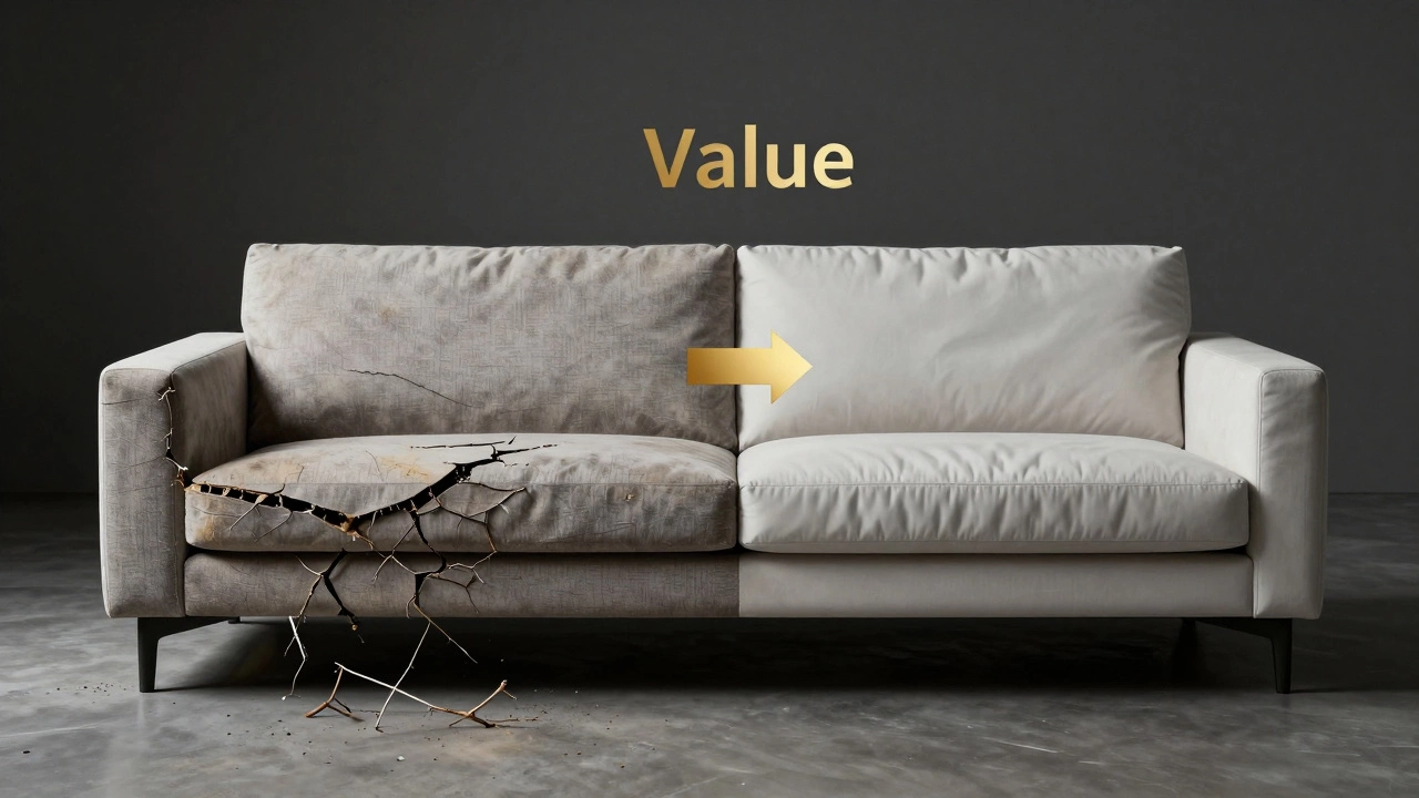 Split image contrasting a broken old sofa with a modern replacement, highlighting the decision to repair or replace.