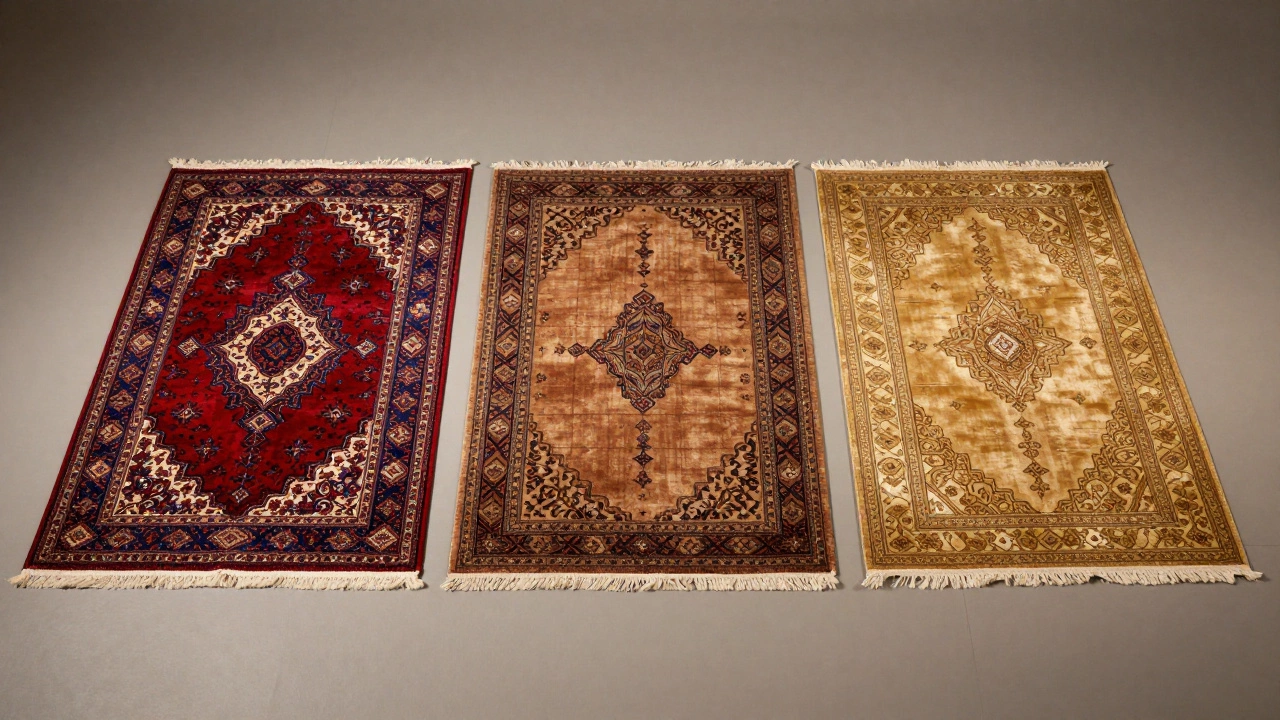 Three luxury rugs from Persian, Moroccan, and Indian traditions laid side by side, glowing in soft ambient light.