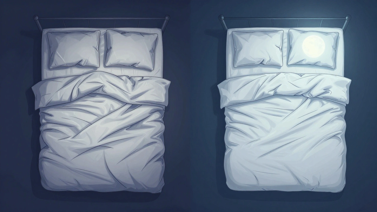 Two contrasting beds: tangled American layers vs. clean European duvet system, separated by a cultural divide.