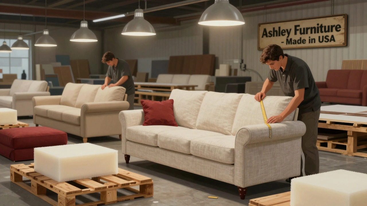 Workers hand-stitching a sofa in a North Carolina factory, surrounded by hardwood frames and fabric.