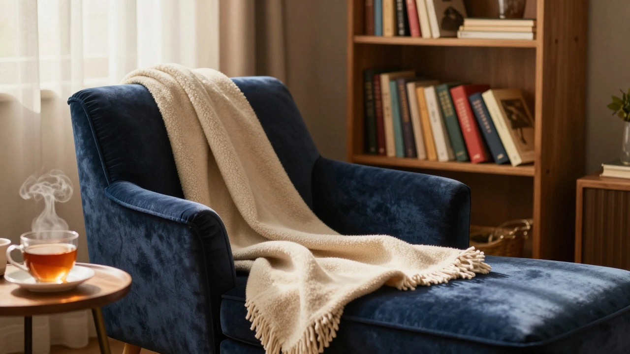 A cozy reading nook featuring a navy blue velvet chaise lounge in the sunlight.