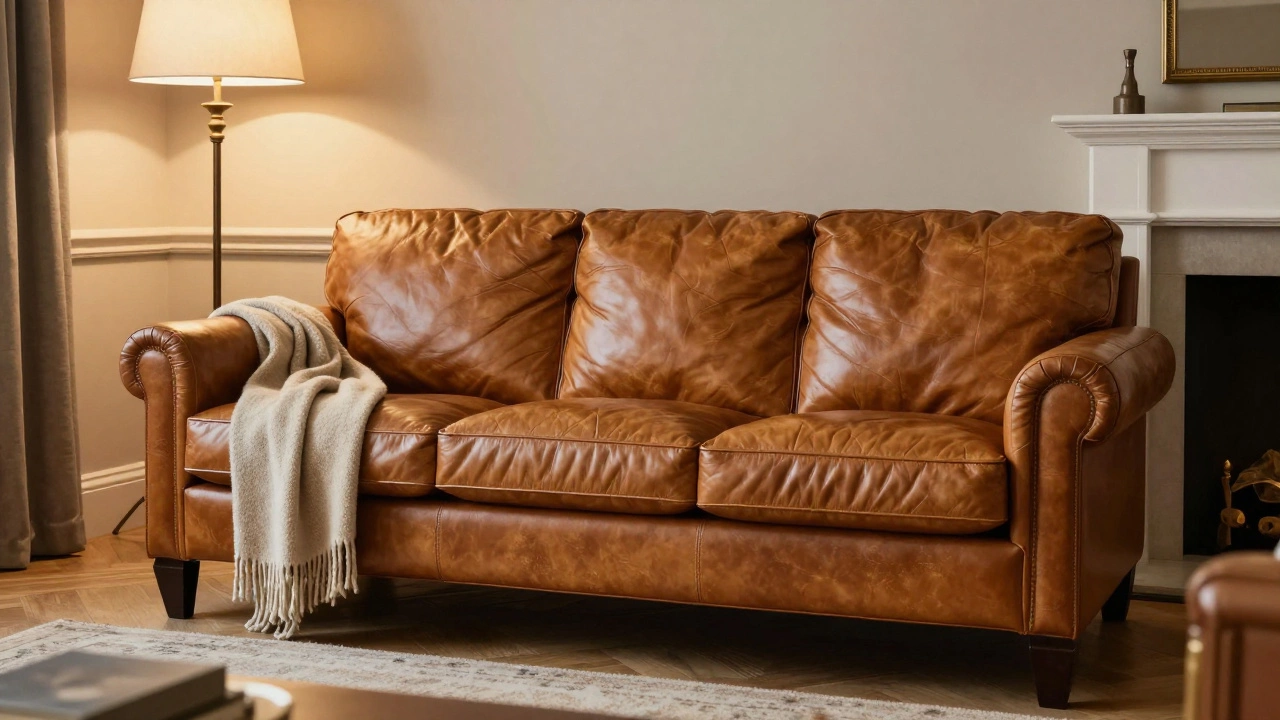 A high-end cognac leather sofa in a sophisticated, classic living room