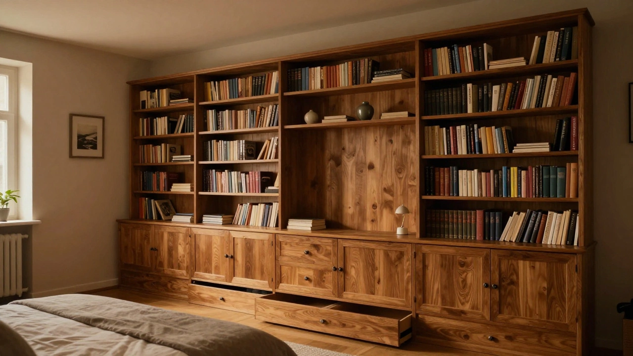 A large wooden Schrankwand wall unit in a cozy German living room
