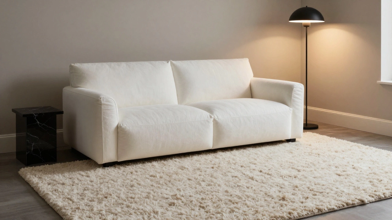 A white dreamer couch styled with a large rug and a marble side table in a moody room