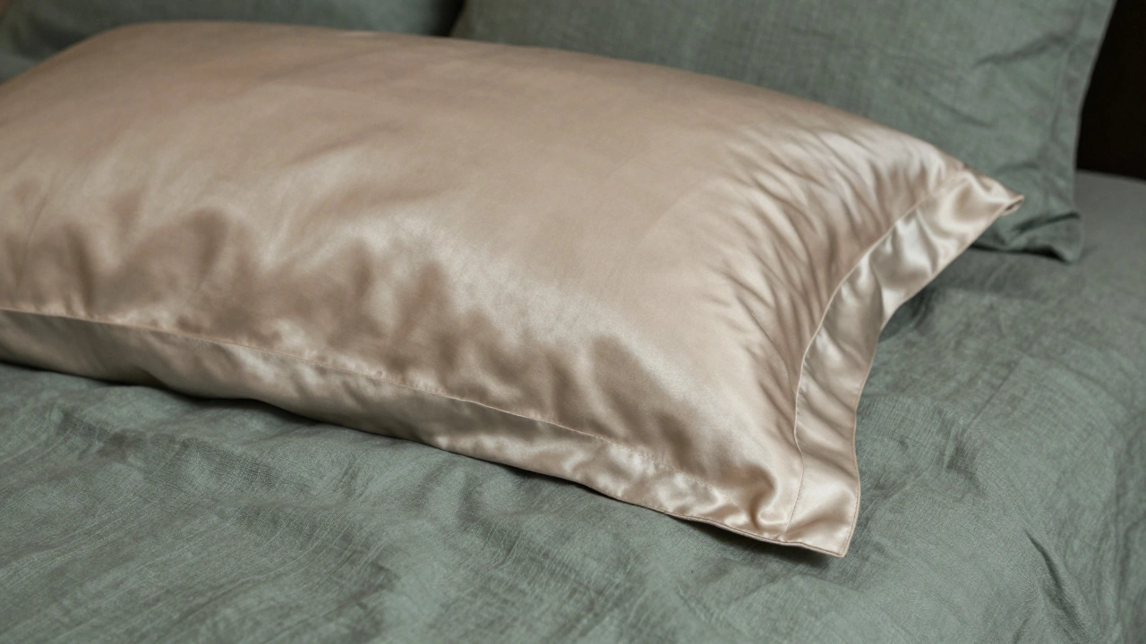 Close-up contrast of a smooth champagne silk pillowcase and textured sage green linen fabric