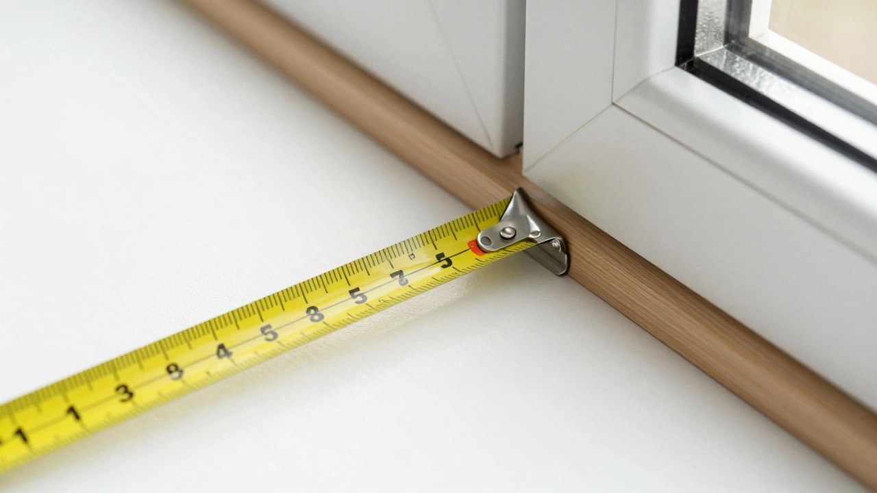 Close-up of a measuring tape calculating the extension width on a wall next to a window frame.
