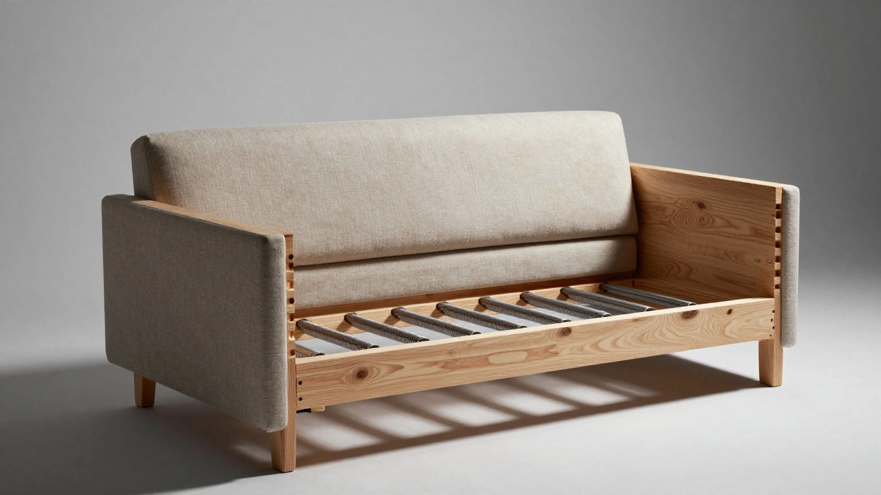 Close-up of a sofa frame showing hardwood beams and hand-tied springs