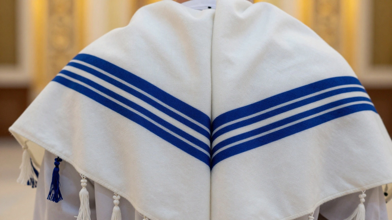 Close-up of a white prayer shawl with blue stripes and fringes.