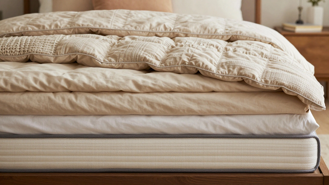 Cross-section view of layered bedding including sheets, a plush duvet, and a folded quilt