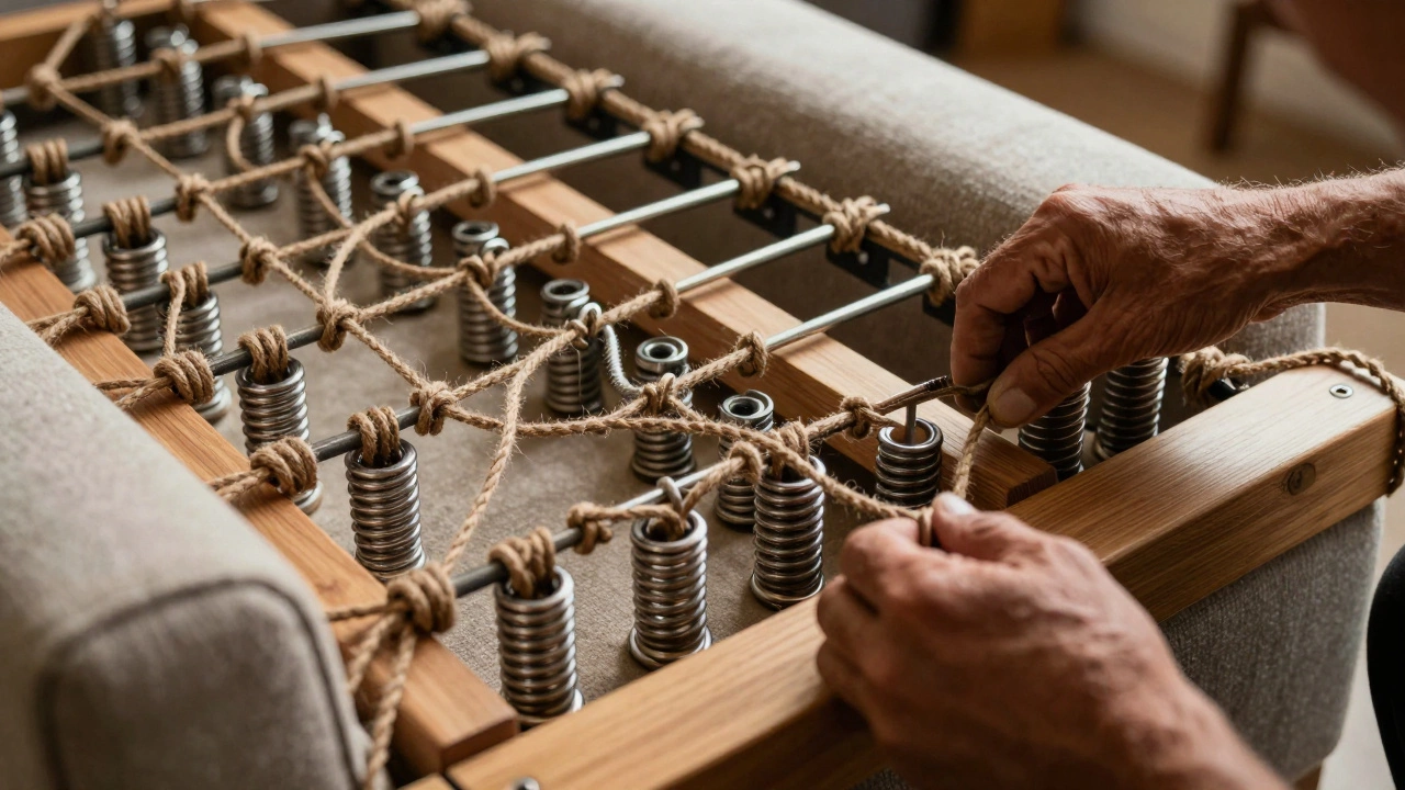 Detailed view of a craftsman hand-tying an eight-way spring system for a sofa