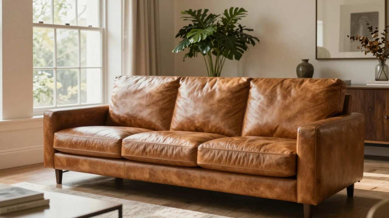 Elegant top-grain leather sofa with a natural patina in a sunlit modern living room