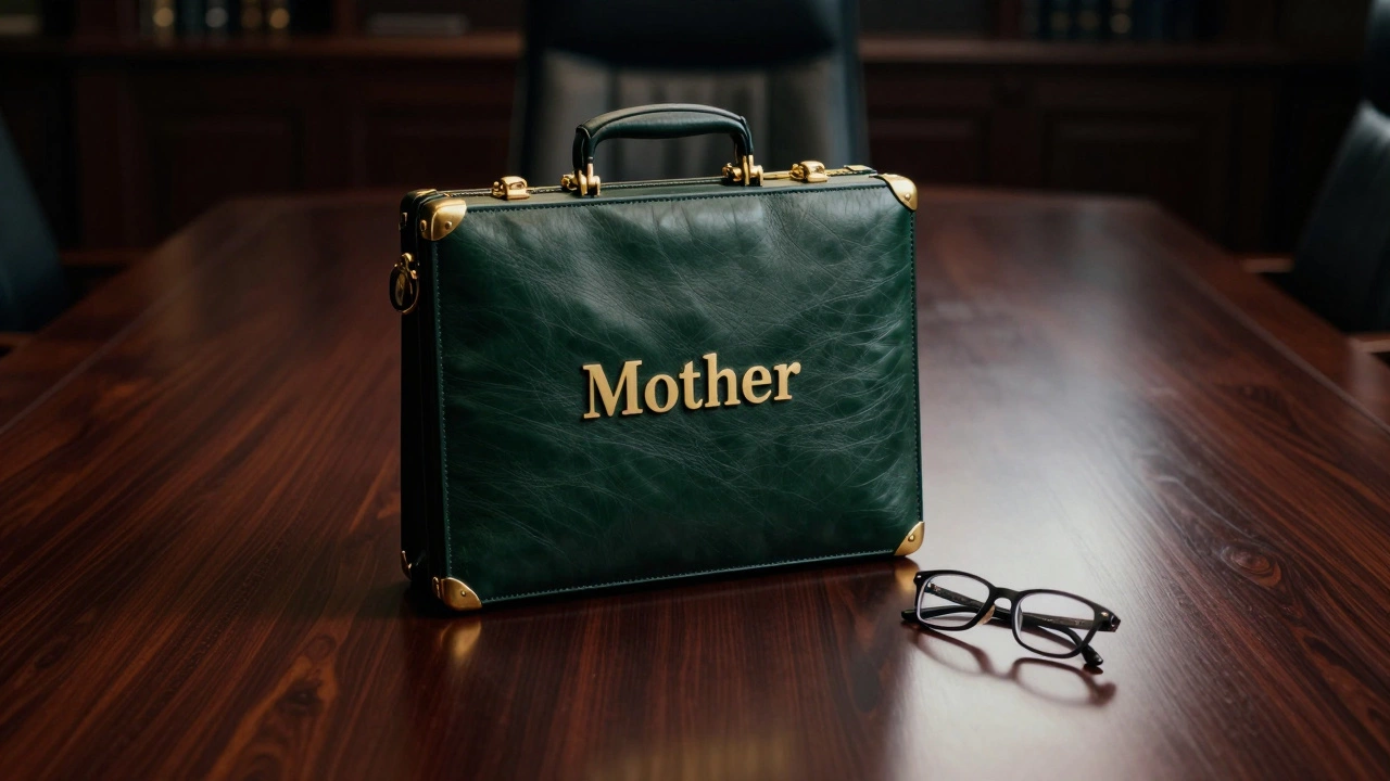 Formal boardroom setting with a briefcase and glasses on a mahogany table
