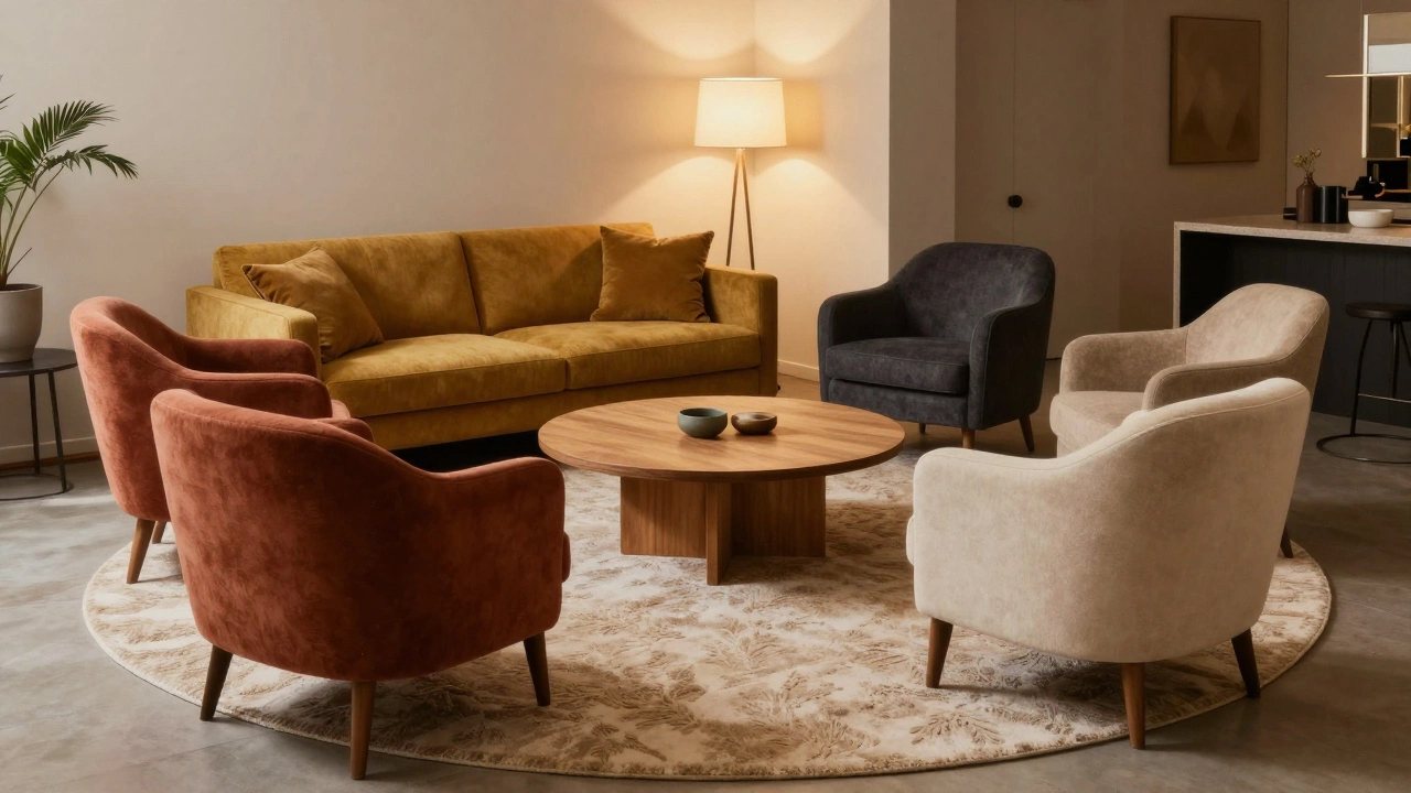 Four comfortable accent chairs arranged in a social circle around a coffee table.