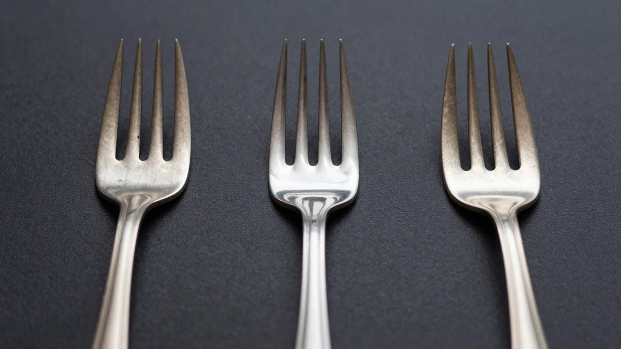 Three different forks showing the contrast between matte steel and polished silver